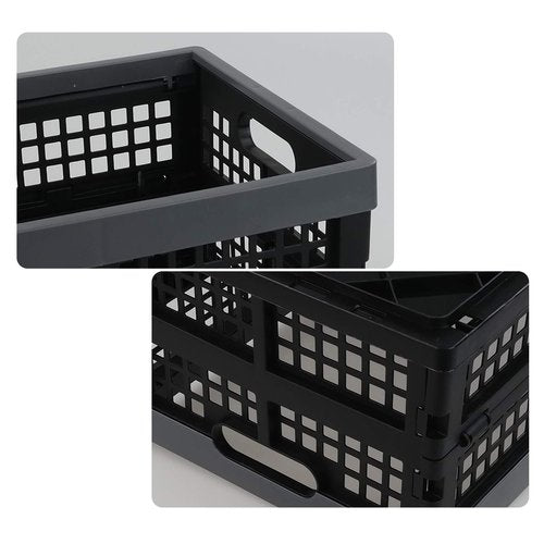 DynkoNA 3 Packs Folding Plastic Storage Basket, 15 L Black Stacking Collapsible Crate