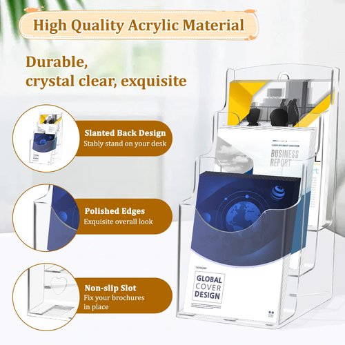 HekouJiub 3 Tier Acrylic Brochure Holder 4 x 9 inch 4 Pack Pamphlet Holder Display Stand Clear Brochure Display Stand for Brochures, Pamphlet, Wall Mount or Countertop