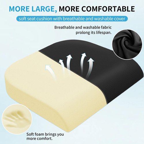 TranquilRelax Large Seat Cushion，Soft Foam Cushion for Long Sitting Hours on Office Chair, Home & Car, Non-Slip Chair Pad for Relieving Back & Sciatica & Hip & Coccyx Pain (Black)