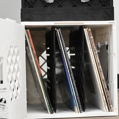 UbeCube CrateVinyl - Vinyl Record Storage Crate Modular Storage Cube for LP Albums with Divider and 2 Clear Panels (White crate - Blue tint panels)