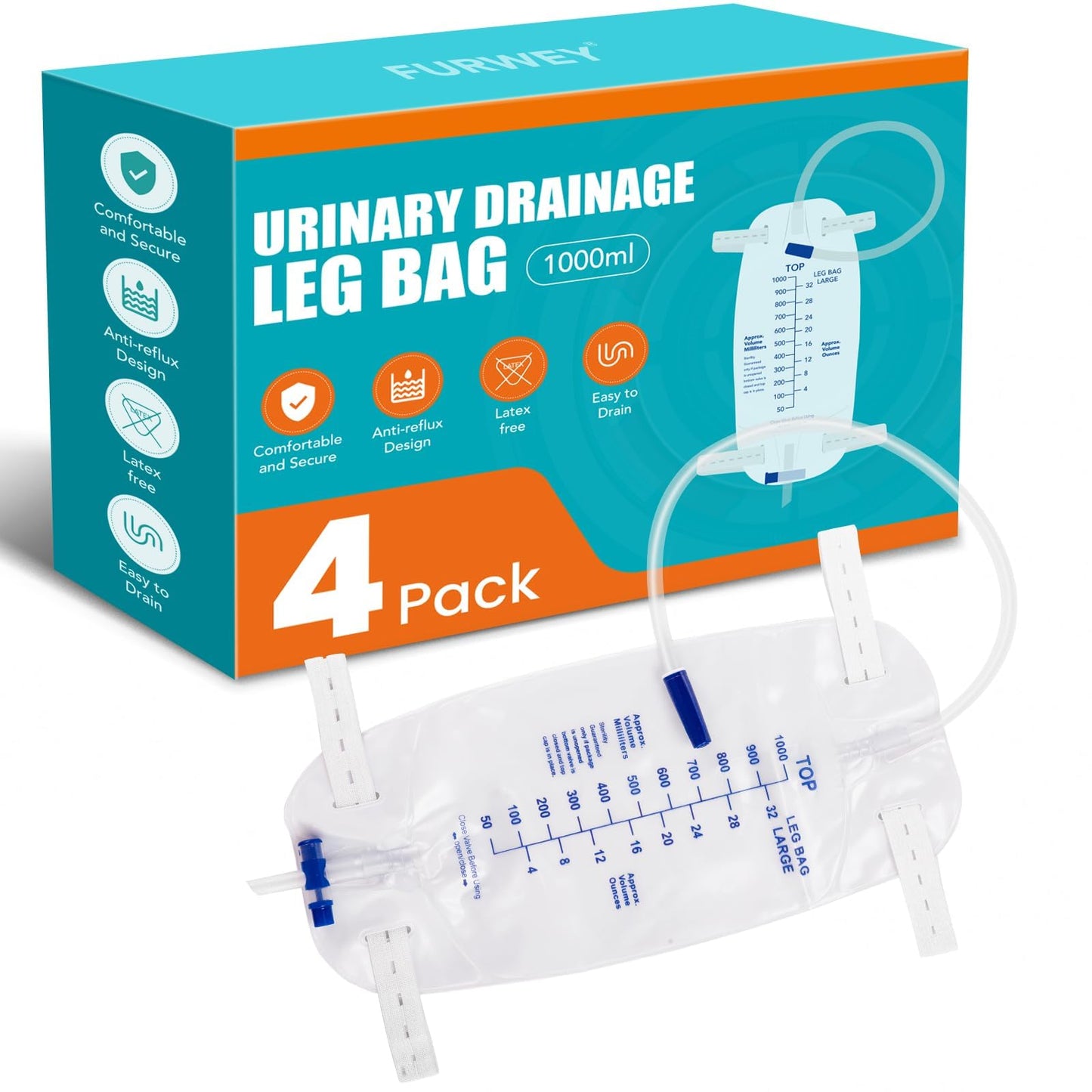 FURWEY 4-Pack Leg Bags, 1000mL, 18-inch Tubing with Anti-Reflux Valve, Sealed Separately & Single-Use, Anti-Slip Adjustable Elastic Leg Strap, One-Hand Drain Valve