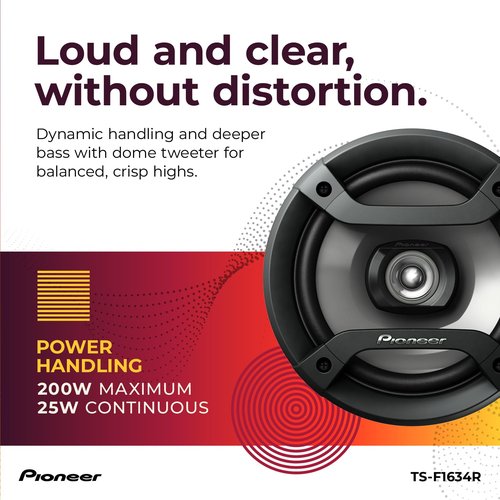 Pioneer F-Series TS-F1634R 6.5” 2-Way Speakers (Pair) – 200W Max, Balanced Sound + Smooth Treble, Great Stock Replacement, High-Efficiency Speaker Designed for OEM Power