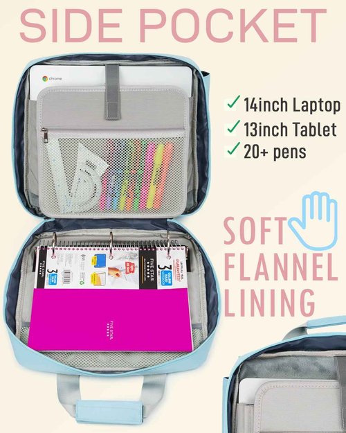 Kaitiaki 3 Ring Zipper Binder Bag with Handle and Shoulder Strap, 3-Inch D-Ring, Large Laptop Pocket, 5-Tab Expanding File Folder, School Supply Kit (Minor Blue)