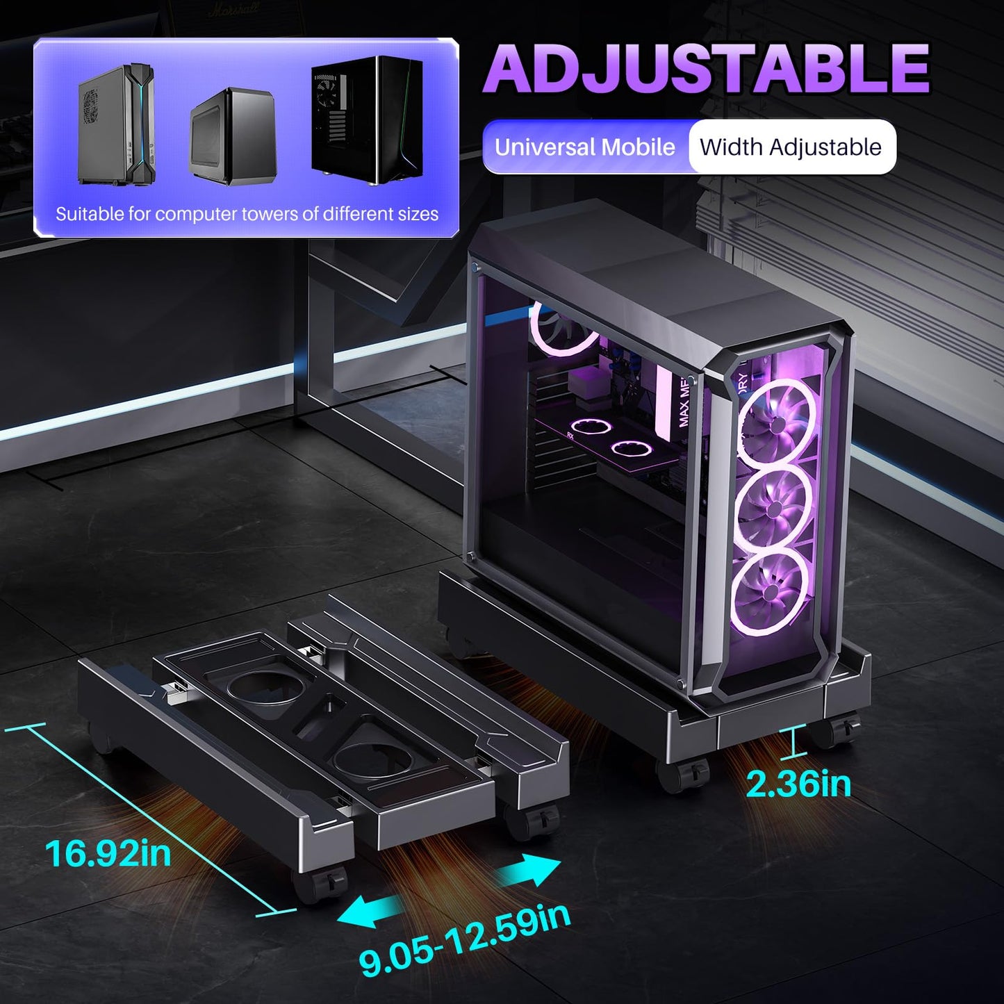 Hovadova Adjustable Computer Tower Stand, Ventilated PC Stand for Floor, Mobile CPU Holder with 4 Caster Wheels Fits Most PC Tower, Under Desk CPU Holder for Office,Gamers and Students