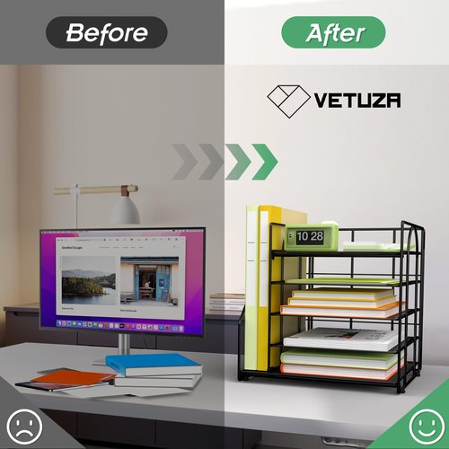 VETUZA 5 Tier Desk Organizer with Vertical File Holder, Desktop File Organizer for Office Home School, Black