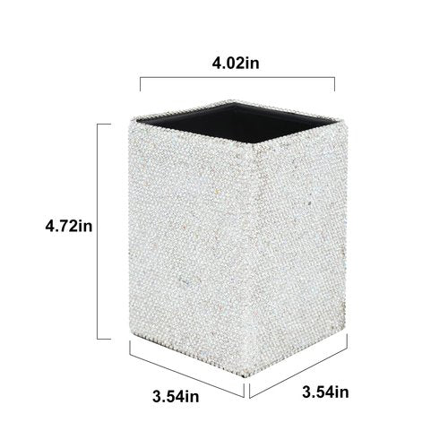 KEYPOWER Crystal Pencil Pot Holder Box Bling Rhinestone Pen Organizer Holder Cosmetic Pen Container Comb Brushes Personalized (Square White&AB Color)