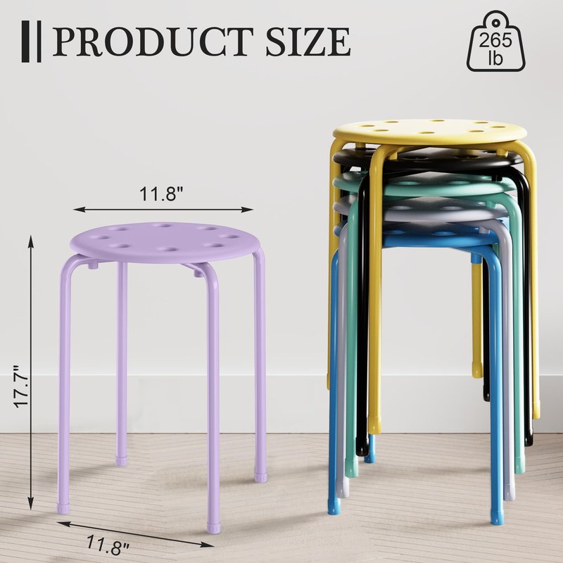 VECELO Stackable Stools Set of 6, 17.7 Inch Standard Height, Portable Plastic Colourful Decoration Stools for School Classroom and Office, No Assembly Required, Purple