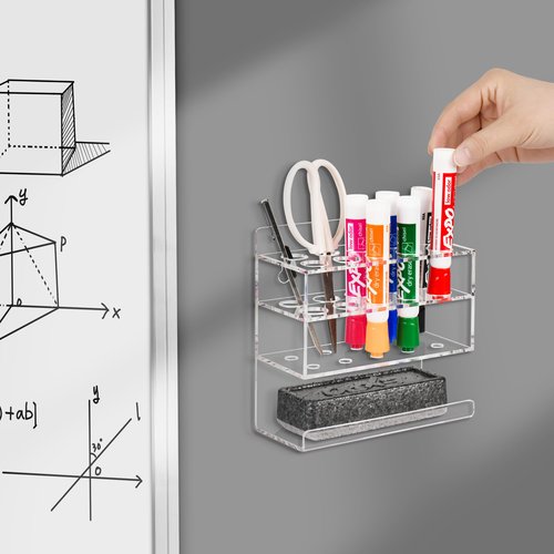 VieFantaisie Dry Erase Marker Holder, Wall Mounted Acrylic Marker Holder with 10 Slots, Sticky Pen Storage for Classroom Organization, Whiteboard, Office, Clear