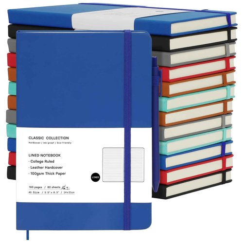 Coopay 12 Pack A5 Journal Notebook with 12 Pens Bulk Classic Ruled Hardcover Leather Journal Set with Pen Holder for Men Women Writing, Office, Home, School, College, Business, 8.3” x 5.5” (6 Colors)