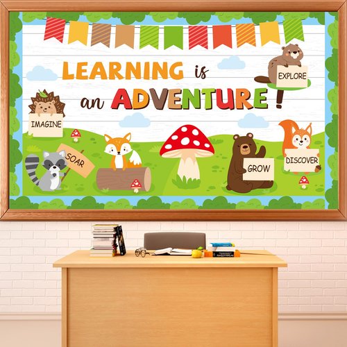 Woodland Bulletin Board Set Jungle Forest Classroom Decorations Back to School Learning is an Adventure Paper Cutouts Motivational Safari Animal Bulletin Board for Nursery Chalkboard Wall Door Decor