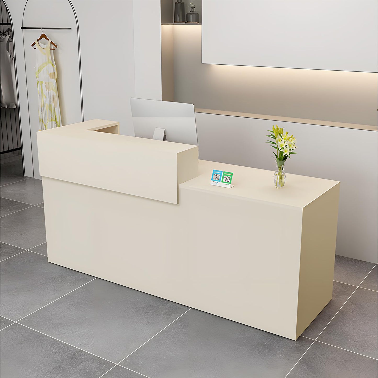 LSZMXI Modern Reception Desk with Drawer & Open Shelves, 39-95 Inch Front Counter Table, Computer Workstation Suitable for Salons, Offices, Lobbies, Retail Stores and Home Offices