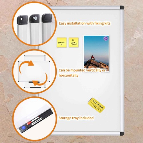 VIZ-PRO Magnetic Whiteboard/Dry Erase Board, 48 X 36 Inches, Silver Aluminium Frame, with 12 Colored Whiteboard Pens