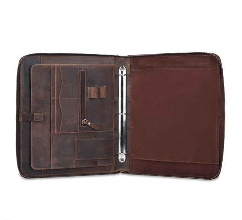 Premium Leather Portfolio Organizer with Zipper - Brown Business Padfolio with Card Slot, Document Holder, Pen Loops | Leather Padfolio with 3 Rings Binder Legal Pad Holder Podfolio for Men & Women