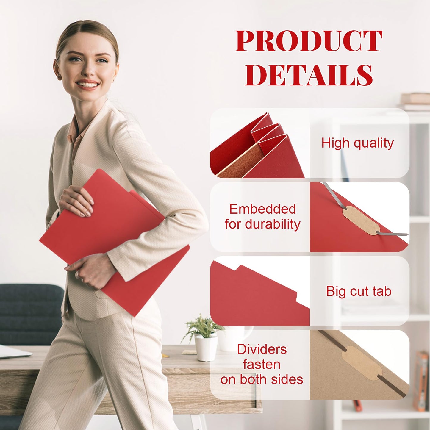 Skyygemm 12 Pcs Classification Folders 3 Pocket Dividers Letter Size Employee File Folder with 2 Prong Fasteners 2 in Expansion Pressboard Medical Document Organizers Bulk for School Office(Red)