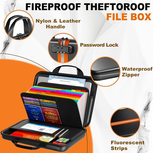 Fireproof Accordion File Organizer - Hard-Shell Document Box with 13 Pockets for Safe Storage