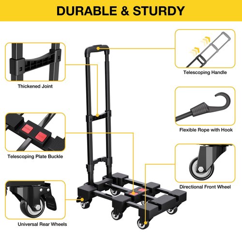 Ganweetech Folding Hand Truck, 500 LB Portable Dolly Cart Heavy Duty Luggage Cart with 6 Wheels & 2 Ropes for Travel, Moving, Shopping