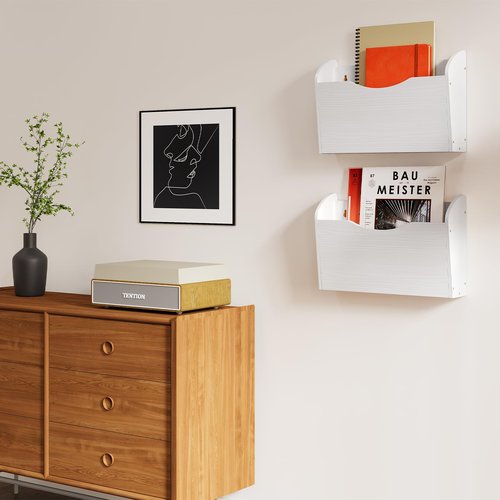 Senhoglb 2 Pockets Hanging Wall File Organizer, Wood Mail Organizer Wall Mounted Magazine File Holder, Mail Holder Keep Office Home Tidy, Wooden Paper Organizer, White