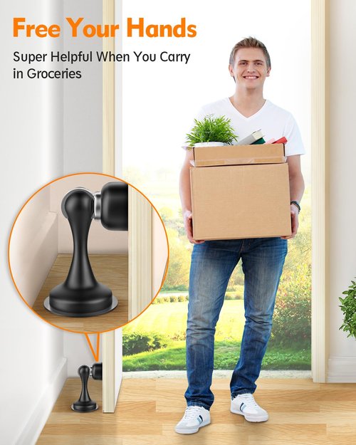 Door Stoppers Magnetic Door Catch - Stainless Steel Heavy Duty Door Holder Stops for Bottom Top of Door - Wall Floor Mounting No Drill 3M Adhesive & Screws Strong Magnet Keep Door Open 4 Pack