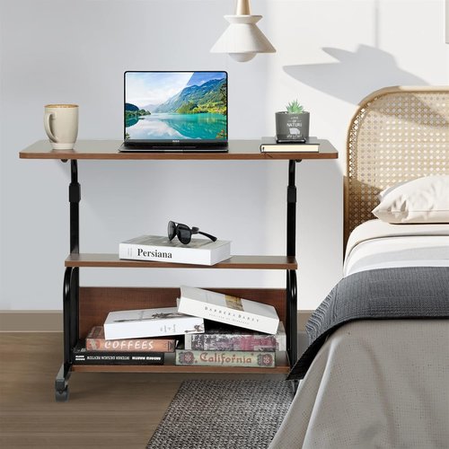QZMDSM Portable Rolling Desk - Adjustable Height Small Standing Desk with Wheels | 32" Brown Computer Desk with Storage Shelves for Home Office