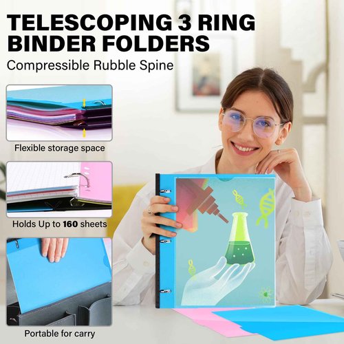 MAKHISTORY Telescoping 3 Ring Binder-12PCS, Flexible Binder with Customized Front Cover+Clear Catalog Pocket+3 Round Rings, Flat Writing Binder, 4 Bright Colors