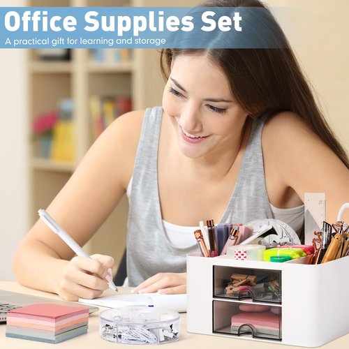 AmazingSpark 11 Pcs White Office Supplies Set Multi-functional Pen Organizer and Accessories with Tape Holder, Stapler, Staple Remover, Staples, Tape, Clips Set, Ruler, Scissor, Pen, Sticky Notes