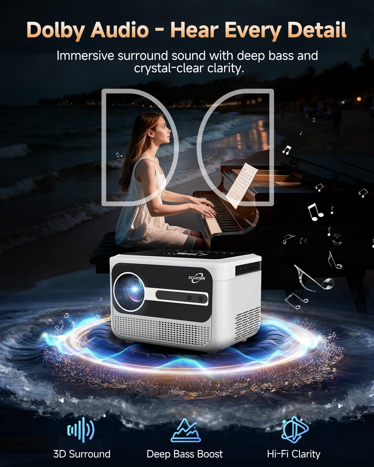 Smart Projector 4K with Movin OS - Official Apps, Hight Bright 1300 ANSI HDR10+, ToF Auto Focus Keystone MEMC, 30W DB Audio, WiFi Bluetooth, 64G Premium Portable Projector for Home Theater, Gaming