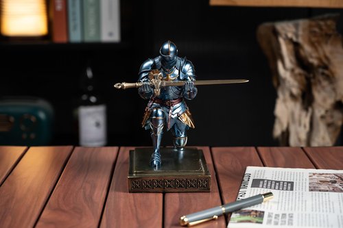 Amoysanli Medieval Armored Warrior Knight Pen Holder Desk Organizers and Accessories Resin Pencil Holder Paperweight as Gift with a Cool Letter Opener for Desk (Blue)