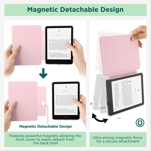 SESENSE Detachable Magnetic Case for 7'' Kindle Paperwhite 12th Gen 2024 and Kindle Colorsoft Signature Edition, Slim PU Shell Cover Case with Auto Wake/Sleep, Pink