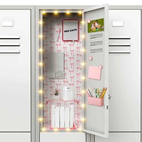 Colarr 19 Pcs Locker Accessories Kit Locker Stuff Back to School Essentials Magnetic Wallpaper Shelf Pencil Holder with Marker Mirror Rug Sticky Note Magnet LED Wireless Light Lock for Student(Pink)
