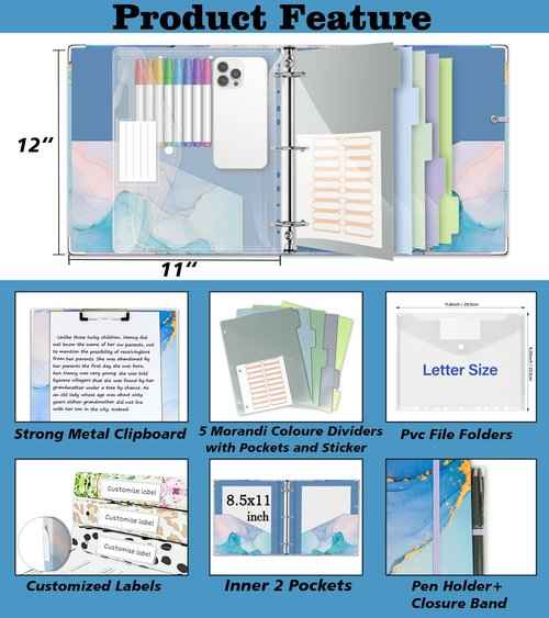 2 Inch 3 Ring Binder Organizer with Clipboard, 5-Tabs Pockets Dividers, Plastic Folder, 18 Divider Stikers, KLLVE Three Ring Binder with Pen Loop (Blue Marble, Letter Size)
