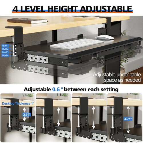 OUKMIC Large Height Adjustable Keyboard Tray with Sturdy C-Clamp Mount and Storage Drawer, 27"(31" Including Clamps) x 12" Slide Out Ergonomic Keyboard Trays for Home and Office, Black