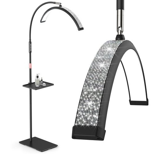 Mznoo Lash Light, 23 Inch Bling Diamond Half Moon Light for Eyelash Extensions, Nail Art, Tattoo Art and Skincare, Adjustable Color Modes and Flexible Gooseneck, with Tool Tray (Black)
