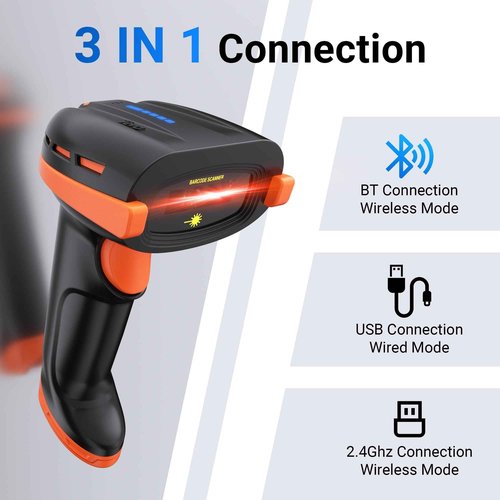 Tera Pro Barcode Scanner with Power Switch Battery Level Indicator Replaceable Battery Wall Mountable Stand 1D 2D QR Works with Bluetooth 2.4G Wireless USB Wired Bar Code Reader D6100