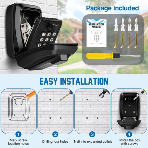 TNIIFXC Key Lock Box Wall Mounted Key Storage Box Waterproof 12 Digit Combination Security Lock Box Large Capacity Resettable Code Key Safe with Weatherproof Cover for Home Garage Office School