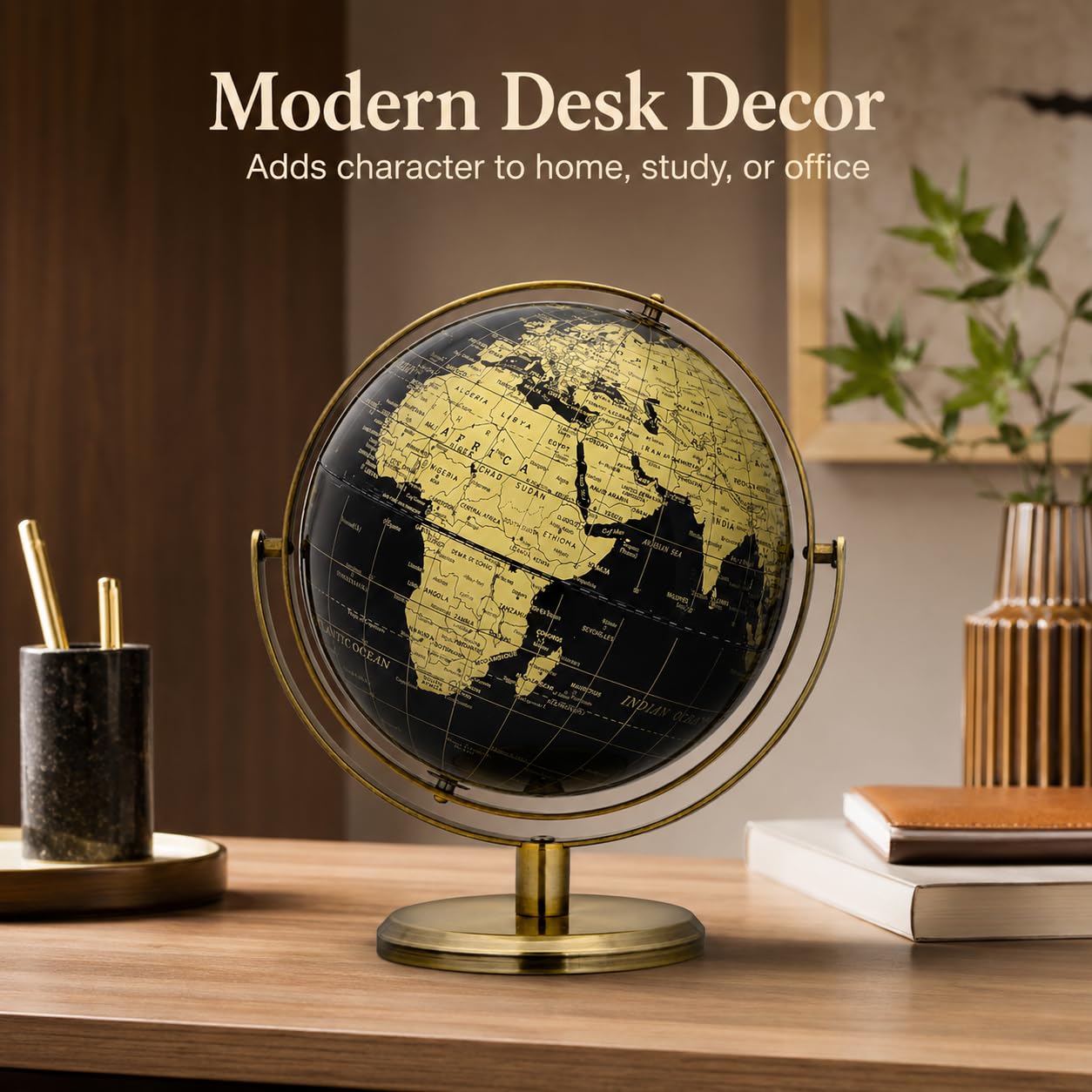EXERZ 8" Globe Black & Golden, All Direction 360 Rotating - World Globe Educational Geographic - Bronze Arc and Base. English Map.