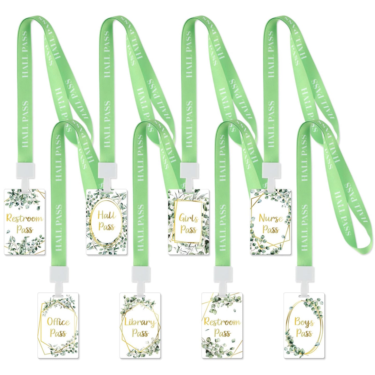 8 Set PVC Hall Pass Lanyards Eucalyptus Unbreakable Hall School Passes Teacher Supplies for Classroom Elementary Middle School Bathroom Library Office Nurse