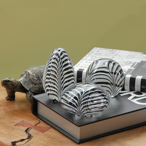 Ca D Oro Egg Glass Paperweight Black and White Feather Pattern Hand Blown Murano-Style Art Glass