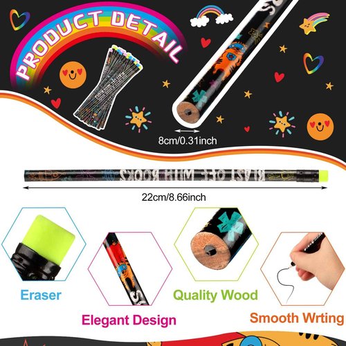 Frienda 200 Pcs Bulk Reading Rocks Wooden Incentives Pencils for Kids Fun Pencil with Eraser for Kids Assorted Style Black Reading Novelty Classroom Student Reward Gift Party Favors