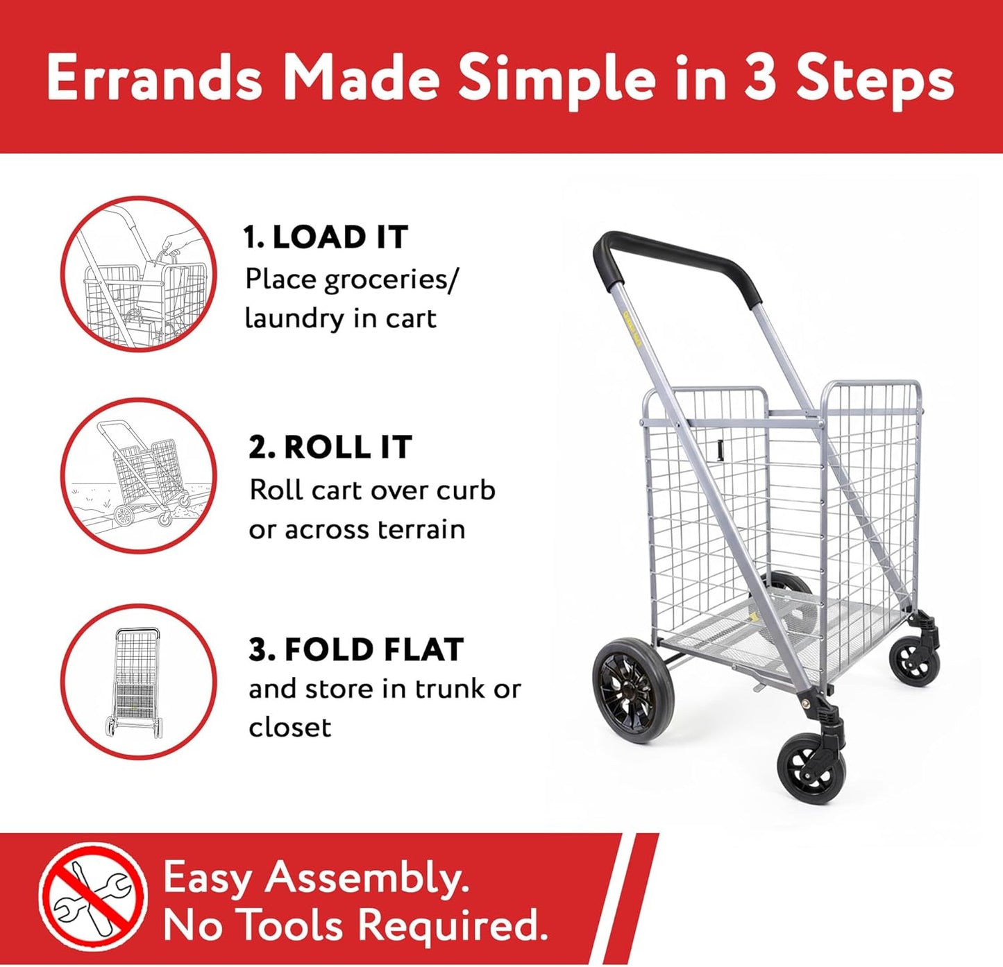 **dbest Products Cruiser Cart Deluxe - Heavy-Duty Foldable Shopping Cart with Wheels & Brake - 100 lbs Capacity, Silver Alloy Steel**