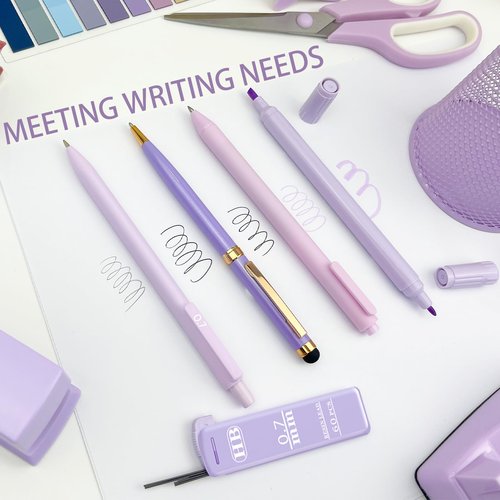 Purple Desk Accessories, Office Supplies Set with Stapler, Staple Remover, Pen Holder, Ballpoint pens, Hole Puncher, Tape Dispenser, Scissor, Ruler, Binder/Paper, Clips, for Home School Office