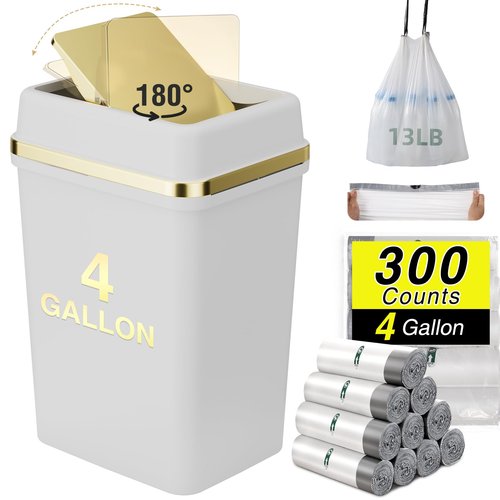 WSBArt Bathroom Trash Can with Lid 4 Gallon Trash Can with Swing Lid Small Garbage Can White Bathroom Garbage Can with 300 Counts Trash Bags for Kitchen Bedroom Office Dorm