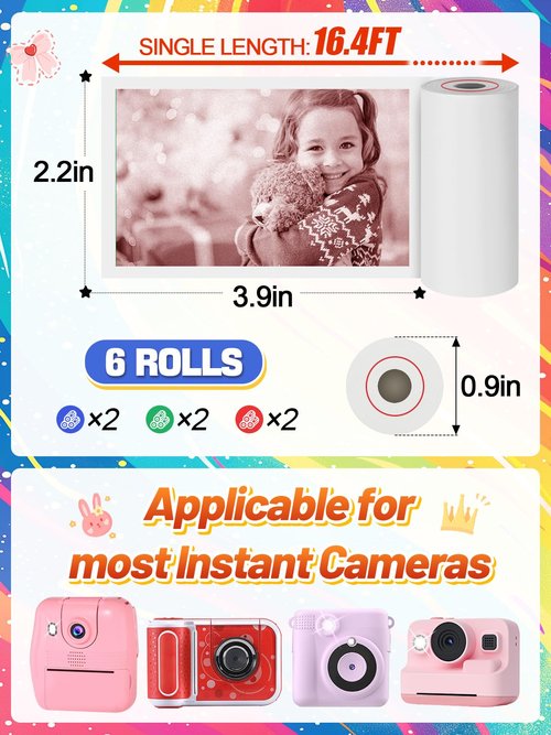6 Rolls 3-color Kids Camera Paper Roll Refill - Color-Developing Red Green Blue, Thermal Instant Camera Photo Printer for 4 5 6 7 8 9 10 Year Old Girls Boys Birthday Christmas Gifts