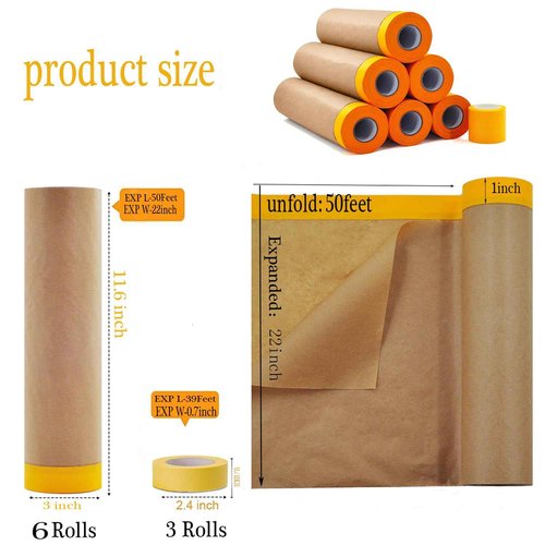 YOUMEIYUAN Pre-Taped Paint Masking Paper and Masking Tape Sets, 22inch-50feet Painters Paper and Painters Tape, Automotive Paint Paper, Tape and Drape Waterproof for Painting Protection Covering (6)