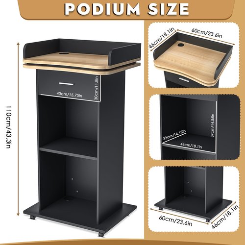 Vakiorn 43" Wood Podium Stand with 3 Levels of Storage, Portable Lectern with Wheels, Floor Standing Customer Reception Podiums Mic Stand Desk for Churches, Office, School,Conference, Auditorium