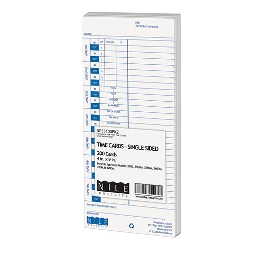 Nile Products - 200 Authorized Single Sided Time Cards for Pyramid Manual Side Print Timeclock and Document Stamp [ NP35100-PK2], Pyramid 35100-10 Compatible (4 W x 9 H Inches) - 200 Time Cards