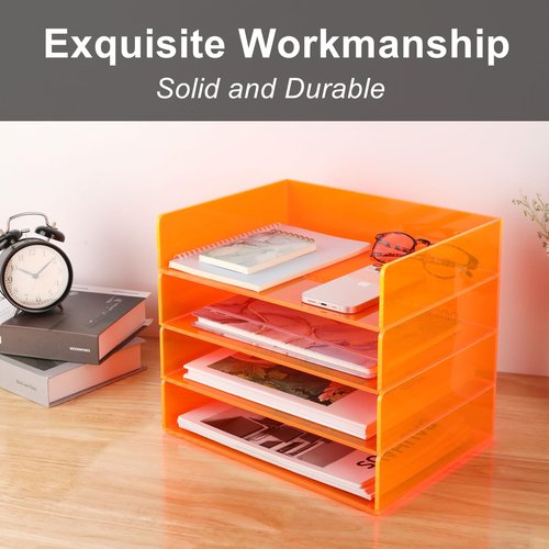 Acrylic File Organizer for Desk 4 Tiered Stackable Letter Tray Office Paper Storage Desktop Document Sorter, Neon Orange