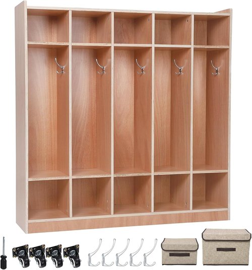 Garvee Kids Coat Locker - 5-Section Design with 10 Cubbies, Smooth Wood Surface & 4 Casters for Easy Mobility