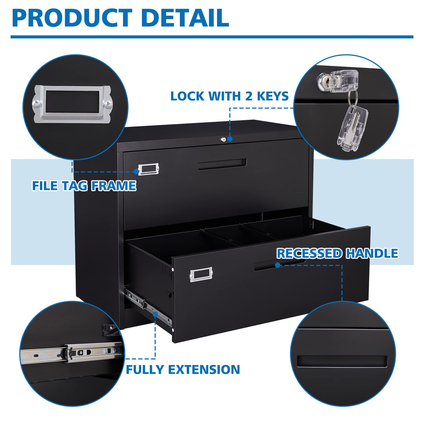 BYNSOE 2 Drawer Lateral File Cabinet Metal Filing Cabinet with Lock Office Home Steel Lateral File Cabinet for A4 Legal/Letter Size Lockable Wide Metal Cabinet,Assembly Required(2 Drawer, Black)