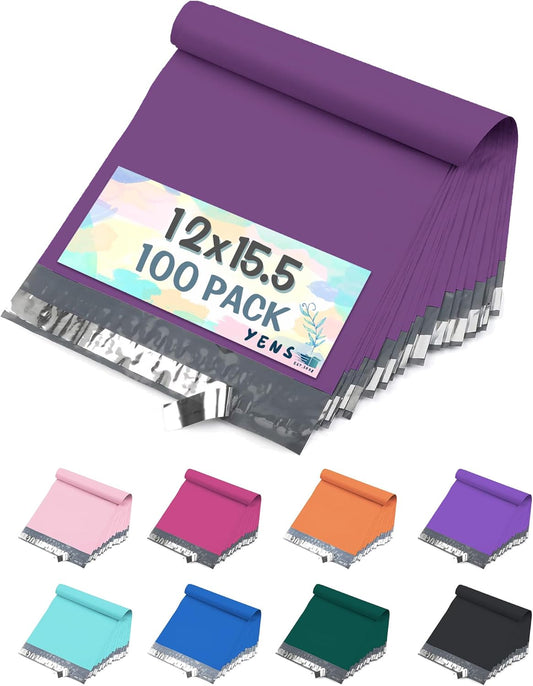 Yens Poly Mailers - 12x15.5" Purple Shipping Envelopes | Strong Self-Seal Adhesive, Waterproof - 100 Pack