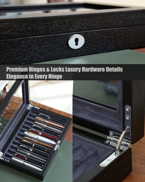 Bonaking Wood Pen Display Case with 12 Pens, Fountain Pen Display Box, Lockable Pen Storage Box with Glass Top, Pen Box Organizer, Pen Collection Display Case (Black with Gray Velvet)